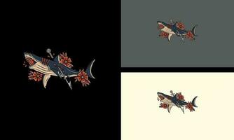 requin en colère avec fleurs vecteur plat conception