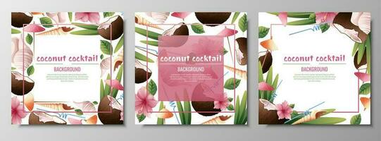 ensemble de carte postale modèles avec noix de coco cocktails, parapluies, hibiscus fleurs, coquilles.fond avec plage les boissons pour des soirées, vacances, publicité. été bannière avec noix de coco tropical fruit vecteur