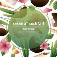 Contexte avec noix de coco cocktails, parapluies, hibiscus fleurs, coquillages. carte postale avec plage les boissons pour des soirées, vacances, publicité. été bannière avec noix de coco tropical fruit vecteur