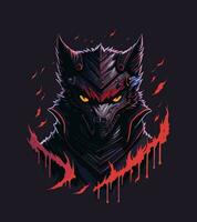 une détaillé illustration visage mal ninja loup, magie, T-shirt conception, rouge Couleur , foncé la magie éclaboussure, sombre, gothique, T-shirt conception vecteur