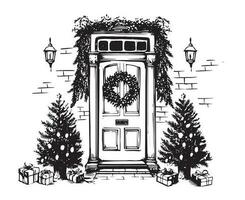 porte décoration, Noël carte affiche bannière, vecteur, main tiré illustration. vecteur