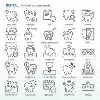 dentaire icône ensemble - modifiable accident vasculaire cérébral. pixel parfait vecteur, mince ligne Icônes. même comme vérifier en haut, nettoyage, dentaire couronne, remplir dents, racine canal traitement, mise à l'échelle, X rayon, prendre dehors, chute dents. vecteur