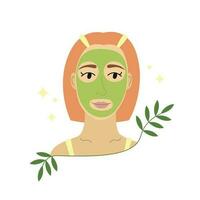 fille avec à base de plantes cosmétique masque appliqué à affronter. Jeune femme en utilisant Naturel faciale peau se soucier produit. biologique soi se soucier. beauté du quotidien routine. plat vecteur illustration