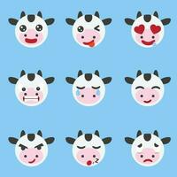 ensemble de mignonne vache emoticons.vache visage icône sur bleu Contexte vecteur