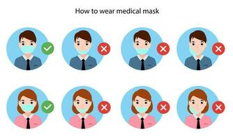 Comment à porter le correct protecteur masque .Hommes et femmes porter protecteur masque pour coronavirus épidémie. vecteur illustration