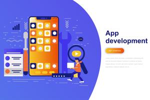 Bannière web App développement moderne concept plat avec caractère décoré de petites personnes. Modèle de page de destination. vecteur