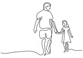 dessin continu d'une seule ligne de jeune papa tenant sa fille et marchant ensemble dans la rue vecteur