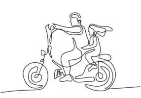un dessin au trait continu d'un papa avec sa fille à moto vecteur