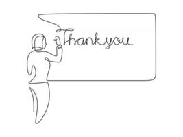 une ligne continue de femme écrivant un mot de remerciement sur un tableau blanc enseignante écrivant merci devant la classe vecteur