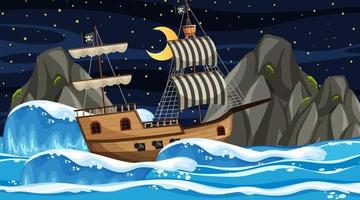 océan avec bateau pirate à la scène de nuit en style cartoon vecteur