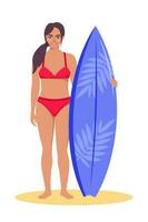 Jeune femme surfeur avec planche de surf permanent sur le plage. souriant surfeur fille. vecteur illustration.