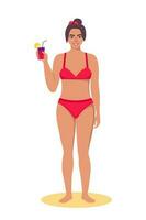 femme habillé dans maillot de bain permanent sur le plage avec cocktail dans sa main et souriant. été les vacances. magnifique sexy fille dans bikini. vecteur illustration.