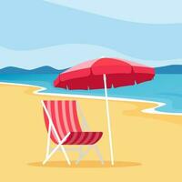 plage parapluie et Soleil fainéant. transat avec parasol à le sable plage. été tropical recours avec privé chaises longues à littoral. vide Soleil lit à bord de mer. vecteur illustration.