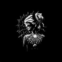 fille dans araignée la toile dotwork tatouage avec points ombres, los muertos ou Halloween style. main dessin fille profil emblème sur noir Contexte pour corps art, esquisser monochrome logo. vecteur illustration