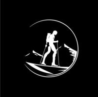 skieur logo modèle, Montagne des skis emblème, dotwork tatouage avec points ombres, pourboire tatouage. main dessin emblème sur noir Contexte pour corps art, monochrome esquisser art. vecteur illustration