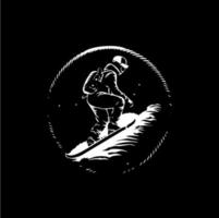 planche a neige logo modèle, snowboarder emblème, dotwork tatouage avec points ombres, pourboire tatouage. main dessin emblème sur noir Contexte pour corps art, monochrome esquisser art. vecteur illustration