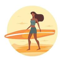 dessin animé vecteur. attrayant fille avec sup-board ou planche de surf sur le rivage. surfant à coucher de soleil, vecteur illustration dans plat dessin animé style.