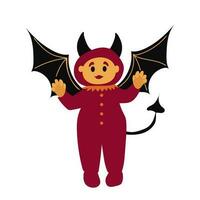 Halloween diable garçon dans une marrant costume. plat Masculin démon enfant dans une rouge costume avec cornes, une trident, et citrouille pour tour ou traiter. vecteur illustration. plat style