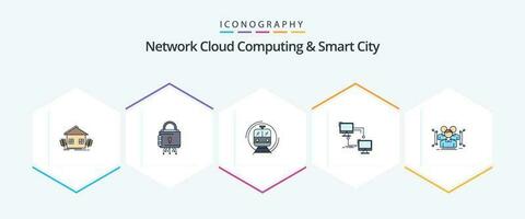 réseau nuage l'informatique et intelligent ville 25 ligne remplie icône pack comprenant lan. transport. protection. public. train vecteur