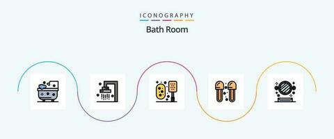 une baignoire pièce ligne rempli plat 5 icône pack comprenant . étagère. bain. miroir. chaussons vecteur