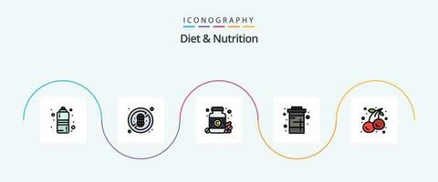 régime et nutrition ligne rempli plat 5 icône pack comprenant cerise. l'eau. médicament. un soda. régime vecteur