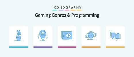 jeu genres et programmation bleu 5 icône pack comprenant dans le sens des aiguilles d'une montre. sauvegarde. robot. tactique. stratégie. Créatif Icônes conception vecteur