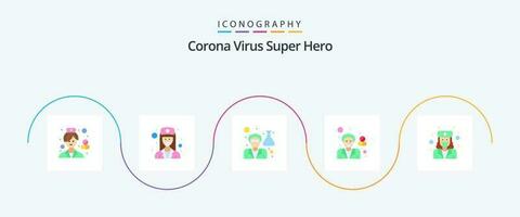 couronne virus super héros plat 5 icône pack comprenant hôpital. femme. médecin. avatar. scientifique vecteur