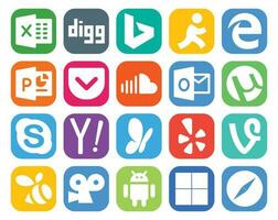 20 social médias icône pack comprenant japper chercher du son yahoo skype vecteur