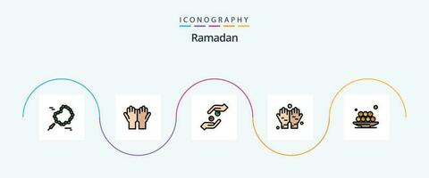 Ramadan ligne rempli plat 5 icône pack comprenant iftar. prier. se soucier. namaz. chahada vecteur