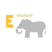 jolie carte d'éléphant. alphabet avec des animaux. design coloré pour enseigner l'alphabet aux enfants, apprendre l'anglais. illustration vectorielle dans un style cartoon plat sur fond blanc vecteur