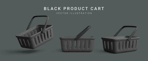 ensemble de 3d réaliste Plastique noir achats Chariot isolé sur foncé Contexte. spécial noir achats panier pour noir vendredi. vecteur illustration