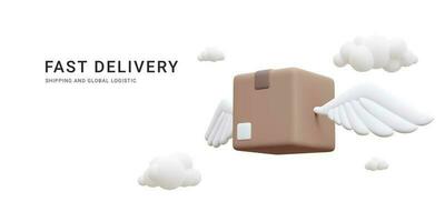 3d réaliste en volant papier carton boîte avec ailes dans le des nuages. vite livraison un service concept dans dessin animé style. vecteur illustration