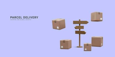3d réaliste papier carton des boites avec direction signe pour vite livraison bannière. livraison et global la logistique service. vecteur illustration