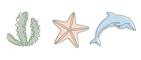 mer setdolphin, étoile de mer, algue tiré dans un continu ligne dans couleur. un ligne dessin, minimalisme. vecteur illustration.