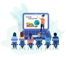 en ligne éducation concept. prof est sur le géant portable filtrer. élèves dans en ligne Salle de classe. école les enfants sont écoute à le prof sur le filtrer. en ligne leçon. vecteur