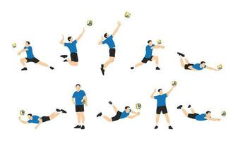 Jeune sportif en jouant volley-ball ensemble avec différent gestes variantes. plat vecteur illustration isolé sur blanc Contexte