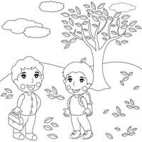 coloration page de deux les enfants sont parlant sur un l'automne journée vecteur