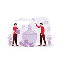 portrait de deux Hommes avec une argile argent boîte et une pile de argent. concept de économie argent et investir. tendance moderne vecteur plat illustration.