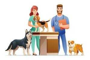 homme et femme vétérinaires avec mignonne chiens dessin animé illustration vecteur