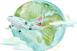 avion et temps à Voyage bannière. Voyage autour le monde. Repères sur le globe. tourisme voyage concept. périple dans vacances. vecteur illustration moderne plat conception.