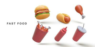 3d réaliste ensemble chaud chien, un soda, ketchup, Hamburger frit poulet dans une papier seau et frit poulet jambes sur blanc Contexte. vecteur illustration.