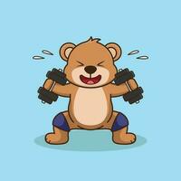 mignonne ours animal levage haltère, Gym faire des exercices mascotte, mignonne autocollant, dessin animé style vecteur