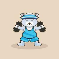 adorable ours levage haltère, Gym faire des exercices dessin animé vecteur icône illustration