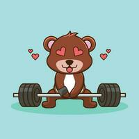 musculation, mignonne ours animal levage haltère. mignonne autocollant, Gym faire des exercices icône, dessin animé style vecteur