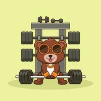 musculation, mignonne dessin animé ours levage une haltère. sport icône, Gym mascotte, mignonne animal autocollant vecteur