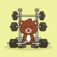 musculation, mignonne dessin animé ours levage une haltère. mignonne ours entraînement. Gym mascotte dessin animé style vecteur