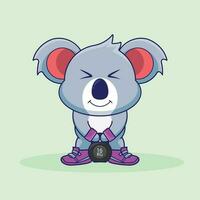 mascotte logo koala levage kettlebell vecteur conception. mignonne autocollant, Gym faire des exercices logo, dessin animé style