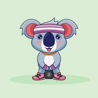 mignonne mascotte koala levage kettlebell vecteur conception. mignonne autocollant, Gym faire des exercices mascotte, dessin animé style