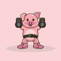 dessin animé illustration de une mignonne porc levage une kettlebells vecteur