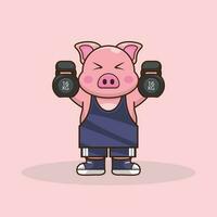 sportif porc dans violet uniforme, une dessin animé illustration levage kettlebells vecteur